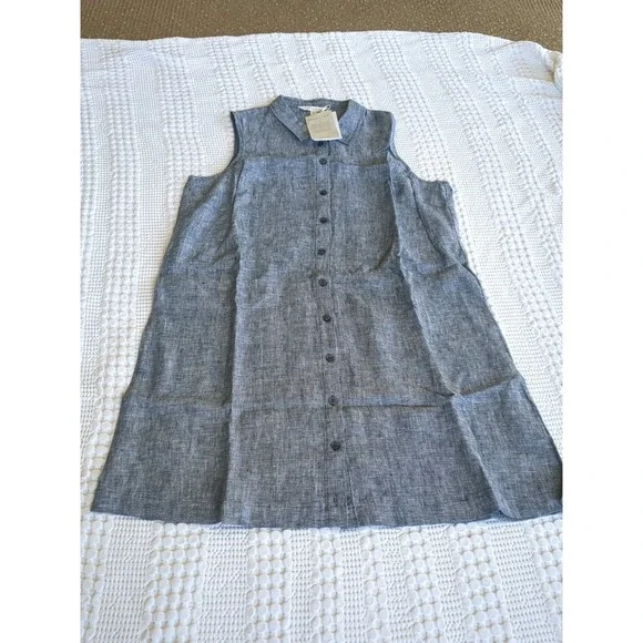 NWT Garnet Hill Classic Linen Shirt Dress Size 14 Button Up Collared Sleeveless - Picture 3 of 13